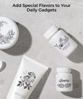 Front view of white craft bottles and a tube with black floral labels on a light surface (set of 4)