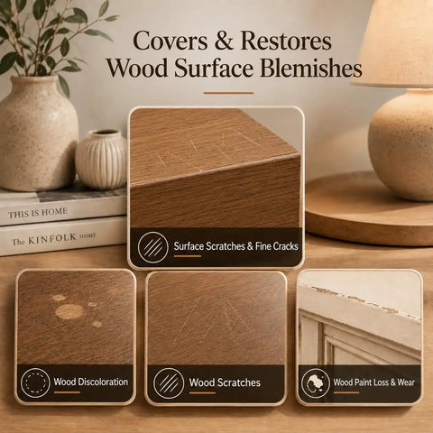 Straight Up Tough Wood Repair Paste With Crack Lock Formula And Easy Glide Blend Sticks For No Stress Furniture Fixing And Lasting Surface Renewal Collection Kit showing wood blemishes and repairs.