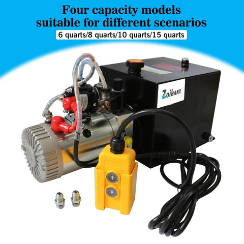 12V Hydraulic Power Unit With 10 Quart Reservoir Double Acting Pump For Dump Trailers And DIY Hydraulic Systems High Pressure 3200 PSI Electric Hydraulic Pump Built Tough For Lifting Heavy Machinery with control pendant and cables, multiple capacity models