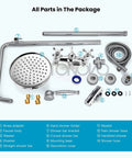 All parts of the No Fuss All In One Rain Shower Fixture For Bathroom With 8 Inch Round Shower Head, chrome components.