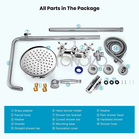 All parts of the No Fuss All In One Rain Shower Fixture For Bathroom With 8 Inch Round Shower Head, chrome components.