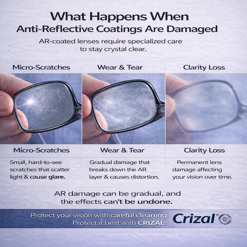 Crizal eyeglasses lens care infographic poster showing AR-coated lens damage and Crizal logo