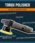 Illustration of TorqX Random Orbital Polisher Kit With Pads, Polishes, And Compounds For Cars, Trucks, SUVs, And Motorcycles, 700W Motor