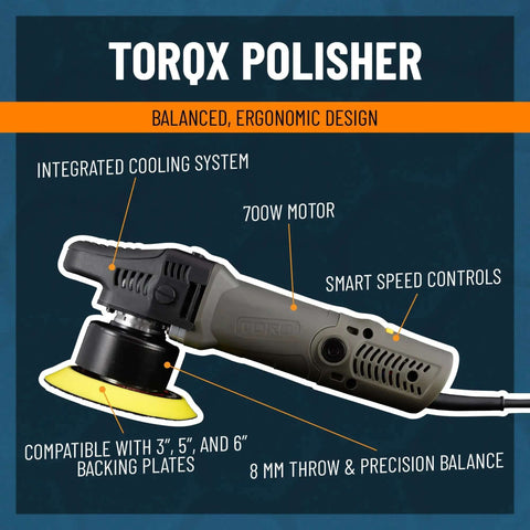 Illustration of TorqX Random Orbital Polisher Kit With Pads, Polishes, And Compounds For Cars, Trucks, SUVs, And Motorcycles, 700W Motor
