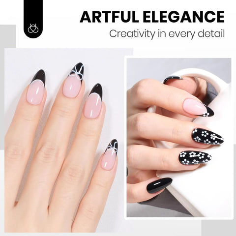 Black And White Gel Nail Polish Set 2 x 15ml HEMA Free Monochrome nail art with floral patterns and French tips