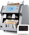 Cassida 9900R V2 Bill Counter Machine With Printer showing mixed bills and a display with amounts for efficient money counting.