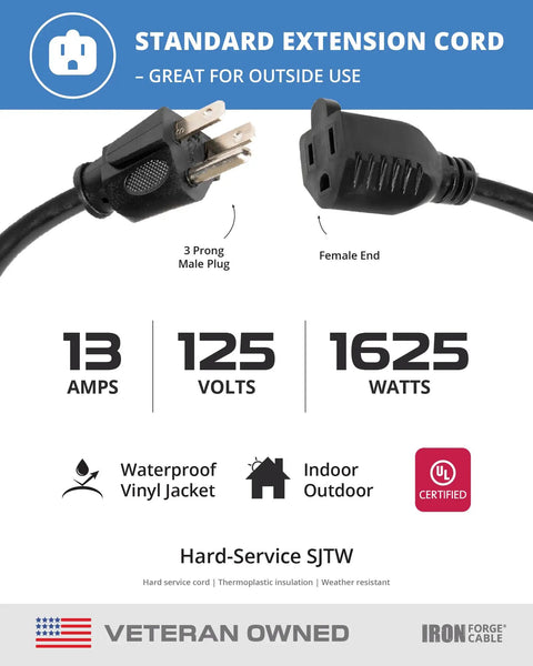 Black 50 Ft Outdoor Extension Cord 16 Gauge 3 Conductor Workhorse Quality Three Prong Weatherproof Heavy Duty Vinyl Covered