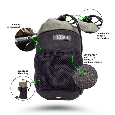 Bongo Bike Handlebar Bag Water Resistant Cordura 1000D Front Stem Bag With Water Bottle Holder showing features close-up