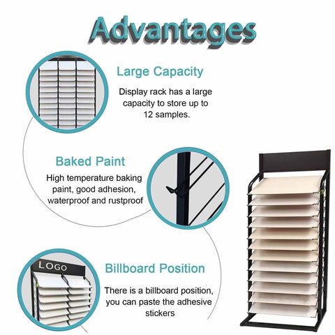Heavy Duty Floor Tile Display Rack And Sample Organizer Shelf showing large capacity for 12 samples, rust proof baked paint finish.