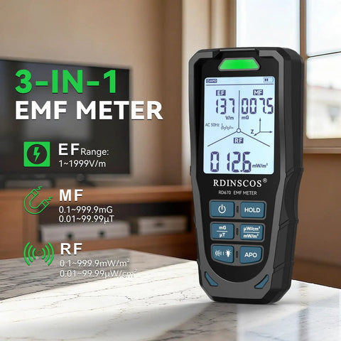 3 In 1 EMF Detector And Rechargeable EMF Meter For Home Use Office Setup And Travel, Measures Electric Field Magnetic Field And RF Radiation With Triple Axis X Y Z Detection And RF Signal Split For WiFi Phone And Microwave, handheld black meter on table
