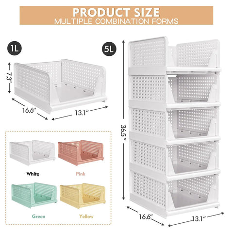 Five Pack Stackable Closet Storage Baskets Set Waterproof Foldable Organizer White stacked view dimensions
