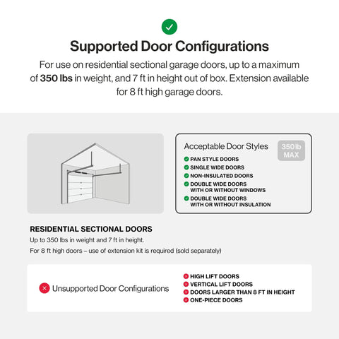 Supported door configurations for Chain Drive 500 Garage Door Opener With WiFi And Smart App Control No Fuss Setup With Aladdin Connect