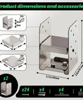 Diagram showing dimensions and components of Heavy Duty 4x4 Post Base Bracket Set Stainless Steel Adjustable Anchor Plate For Deck Porch Handrails Railing Support 2 Pack Internal 3.75 x 3.5 Inch Fits 4x4 Posts.