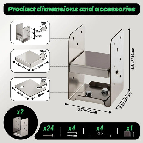 Diagram showing dimensions and components of Heavy Duty 4x4 Post Base Bracket Set Stainless Steel Adjustable Anchor Plate For Deck Porch Handrails Railing Support 2 Pack Internal 3.75 x 3.5 Inch Fits 4x4 Posts.