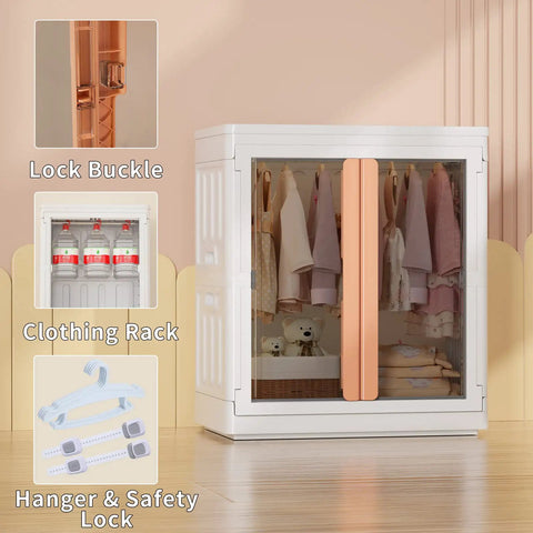 Kid Closet Organizer Kit with collapsible wardrobe, plastic bins, hanging rod, stackable shelves, and dresser cabinet with 39.6 gal capacity.