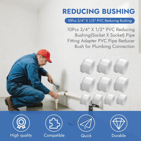 3/4 X 1/2 Inch PVC Reducing Bushing Socket To Socket White Pipe Fitting Adapter 10 Pack Schedule 40 Plastic Reducer Bush For Home Plumbing Pool And Industrial Use; installer at pipe