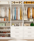 Modular White Closet Organizer System With Six Roomy Drawers And Dual Hanging Rods Delivers Tight Storage Flex And Slick Shoe Shelving For Hassle Free Walk In Space Setup with clothes and shoe storage.