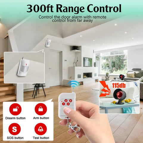 Standalone Home Office Security Alarm Kit with wireless remote, indoor sensor, and loud 115 dB siren in a modern living room.