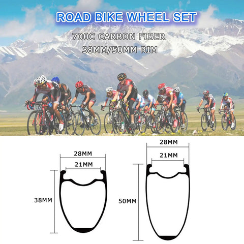 Cyclists with Carbon Fiber 700C Wheelset With 38mm Or 50mm Rim, Road Bike Disc Brake Compatible, 20/24H diagram