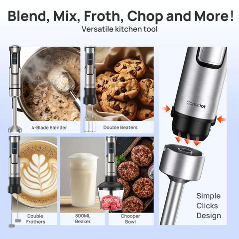 Kickstart Your Kitchen Game With This Heavy Duty 5 In 1 Immersion Blender Featuring 1100W Motor And 21 Speed Settings Plus Turbo Mode That Smoothes Everything Out With Safe Stainless Steel Shaft, showcasing versatile kitchen tools.