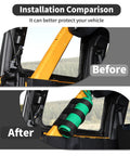 Before and after installation of Ford Bronco Trunk Mount for Fire Extinguisher Beefed Up Heavy Duty 3 Lb Carrier on roll bar
