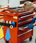 Six Pack Magnetic Aerosol Can Holders With Two Sizes And Four Hooks attached to red tool cart in a workshop