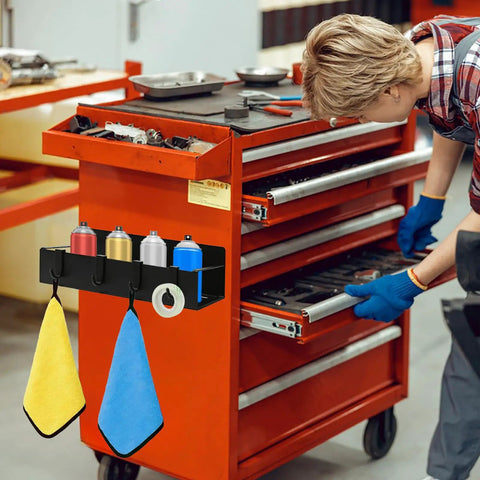 Six Pack Magnetic Aerosol Can Holders With Two Sizes And Four Hooks attached to red tool cart in a workshop