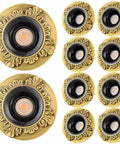 Sleek 4.5 Inch Adjustable Eyeball Led Recessed Ceiling Lights Heavy Duty Aluminum Build With Solid Heat Dissipation Selectable 3000K 4000K 6000K Color Temps Smooth Illumination 10 Pack with ornate gold trim design, showcasing pivoting lens.