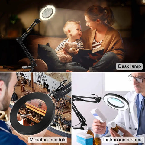 10X Magnifying Glass with Light and Stand in various settings for reading, model work, and detailed examination.