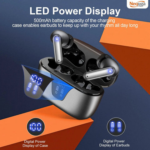 Wireless Earbuds With LED Power Display All Day Playtime 50 Hours IPX7 Waterproof earbuds showing digital charge display