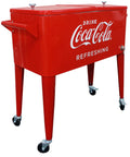 Coca Cola 80 Quart Rolling Cooler With Insulated Liner Holds Over 100 Cans With Ice Four Casters Two Locking Built In Bottle Opener And Cap Catcher Retro Metal Outdoor Patio Party Cooler.