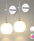 Chrome Battery Operated Wall Sconces Set of 2, Rechargeable Wireless Wall Lights with Milky White Frosted Glass design and remote.