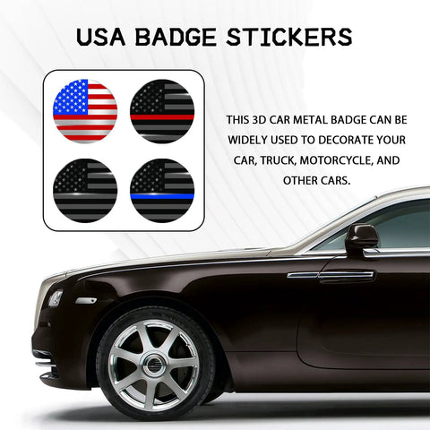 4 Piece 56 Mm Us Flag Wheel Center Caps 3D Black Metal Rim Hub Covers Precision Badge Stickers For Pickup Trucks Suv Rides And Street Performance Custom Wheels displayed on a luxury car.