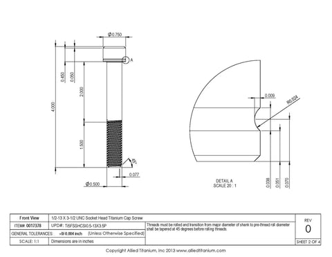 Pro Grade 1/2-13 X 3-1/2 Inch Socket Head Cap Screws Made From Grade 5 Titanium Alloy dimensions and technical drawing.