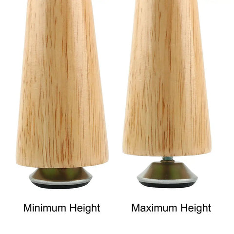 Rock Solid M10x17mm Screw Adjustable Leveling Feet 10 Piece Pack shown at minimum and maximum height with wooden finish.