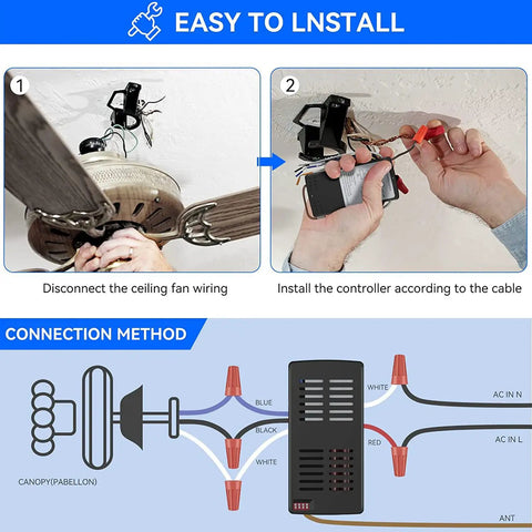 Ceiling Fan Remote Control Kit Universal 3-Speed Fan And Dimmer Light installation guide with wiring diagram.