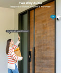 Wireless Outdoor Security Camera System With Solar Powered Battery 2K HD WiFi Surveillance Cam by a front door with person talking