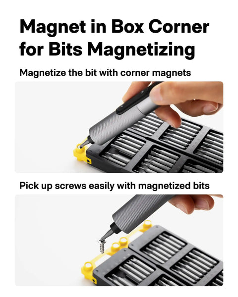 Hand using Mini Electric Screwdriver Kit With 56 Bits Three Torque Settings Auto Stop Protection LED Light Eyeglass Repair Set magnetizing bits