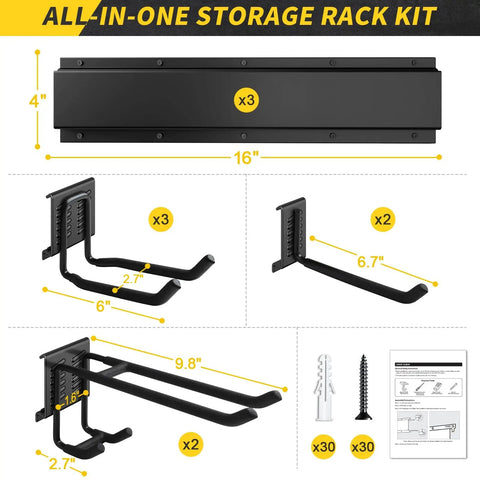 Heavy Duty 48 Inch Wall Mount Garage Tool Organizer With Adjustable Hanging Hooks dimensions and components displayed