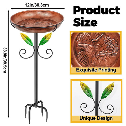 Metal Bird Bath And Feeder Stand For Outdoors, 38.8 inch detachable birdbath with hummingbird flower reliefs, vintage brown