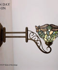Tiffany Style Wall Sconce Plug In Swing Arm Light With Sea Blue Stained Glass Dragonfly Motif, Adjustable Up Down, Antique Green Bronze Base, Includes LED Bulb, 8 Inch Shade, 19 Inch Arm S147 Series