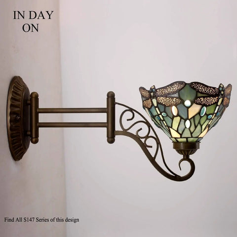 Tiffany Style Wall Sconce Plug In Swing Arm Light With Sea Blue Stained Glass Dragonfly Motif, Adjustable Up Down, Antique Green Bronze Base, Includes LED Bulb, 8 Inch Shade, 19 Inch Arm S147 Series