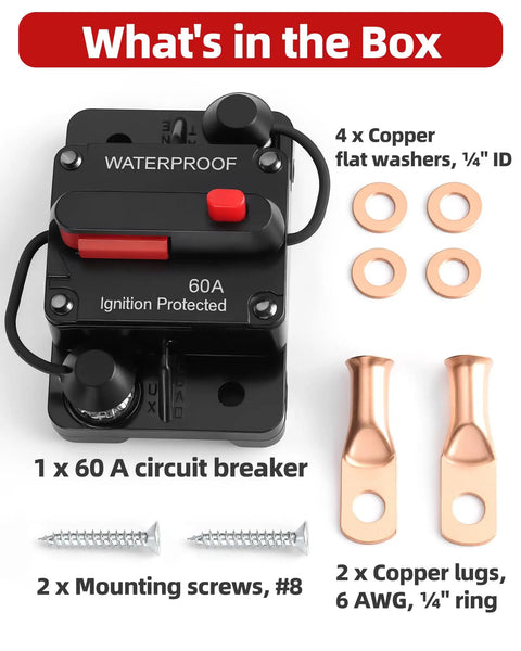 60 Amp Marine DC Circuit Breaker Switch For Trolling Motor Battery Box No Fuse Needed One Click Reset 12V To 48V Package Contents
