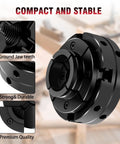 No Sweat Four Jaw Wood Lathe Chuck Set With One By Eight Tpi Thread showing ground jaw teeth and durable design.