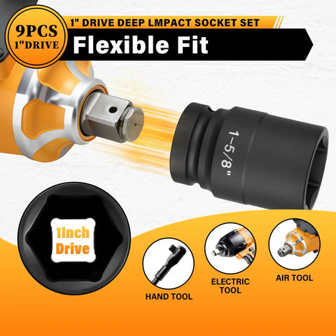 1 Inch Drive Jumbo Impact Socket Set 9 Piece SAE Deep Socket Kit For Trucks Trailers And Heavy Equipment CR MO Display