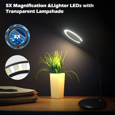 5X Rechargeable Magnifying Glass With Light And Stand showing flexible arm, illuminated LEDs, and stable base on desk