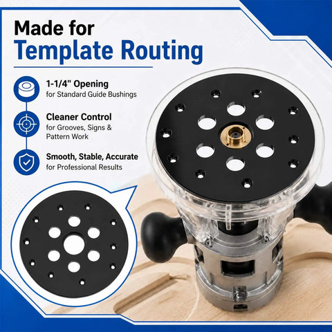 Rock Solid Universal Router Plate Featuring A Precise 1-1/4 Inch Center Opening For Hassle Free Woodworking Projects and Drop Dead Simple Trim Table Upgrades With Ready To Go Mounting Hardware Included showing black round plate with guide bushings.