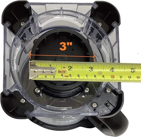 Top view of 64oz 8 Cup Replacement Bowl With Locking Lid For Ninja Bl680 Bl680A Bl681A Bl682 BN801 BN805 BL910 Auto IQ Duo Blender Blade Not Included Premium Quality Easy Fit showing inner diameter marked 3 inches with tape measure.