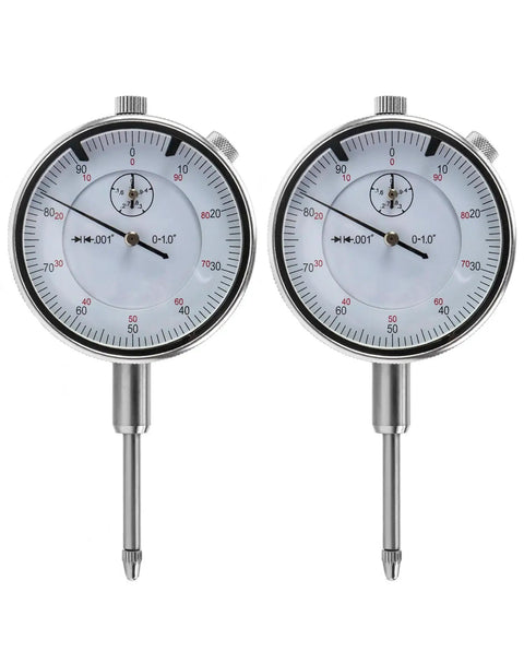 Two Pack 0 To 1 Inch Dial Indicator With Carbide Anvil And 0.001 Inch Resolution, Interchangeable Flat And Lug Back, 2 Inch Dial, Twist Lock Bezel, Built To Last Heavy Duty Stainless Steel Shock Proof Gauge For Precise Measurements