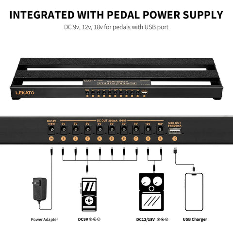 Grab-And-Go Guitar Pedalboard With Built-In Power Supply, Nine Independent Outlets Plus USB Port, Quiet, Short-Circuit Protected